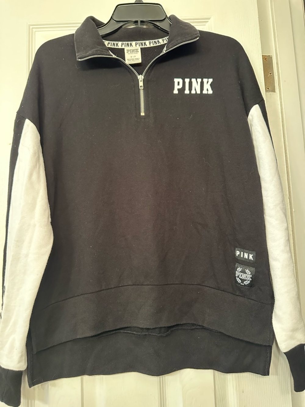 PINK Victoria's Secret Black Quarter-Zip Sweatshirt with White Sleeves